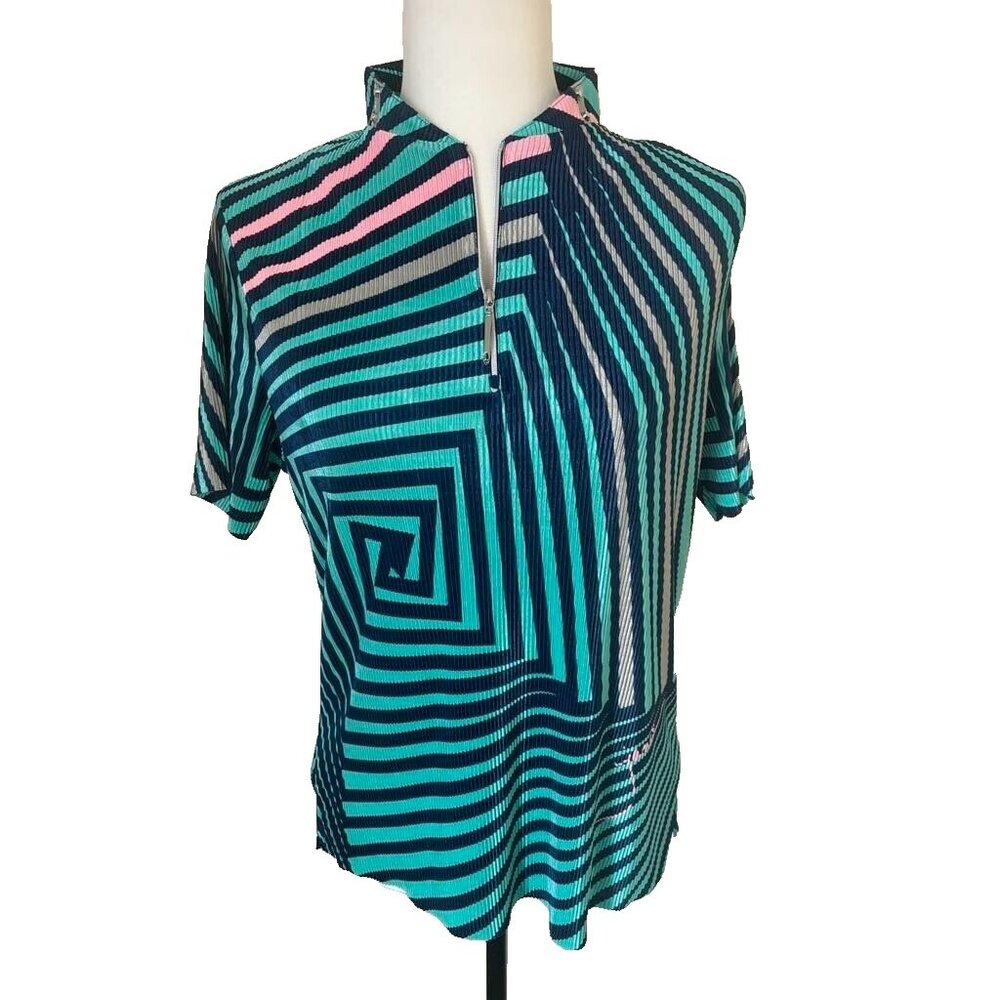 JAMIE SADOCK Golf Polo Shirt Top Size Medium Turquoise Crinkle Pleated 3D Geo
